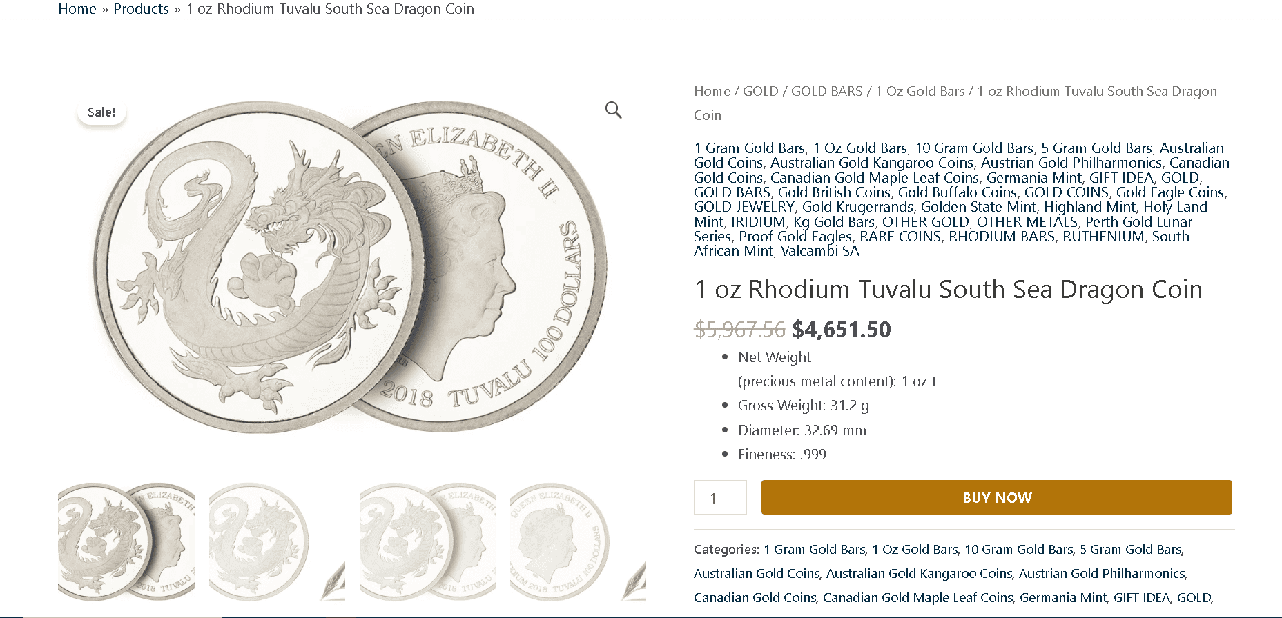 1 oz Rhodium Tuvalu South Sea Dragon Coin