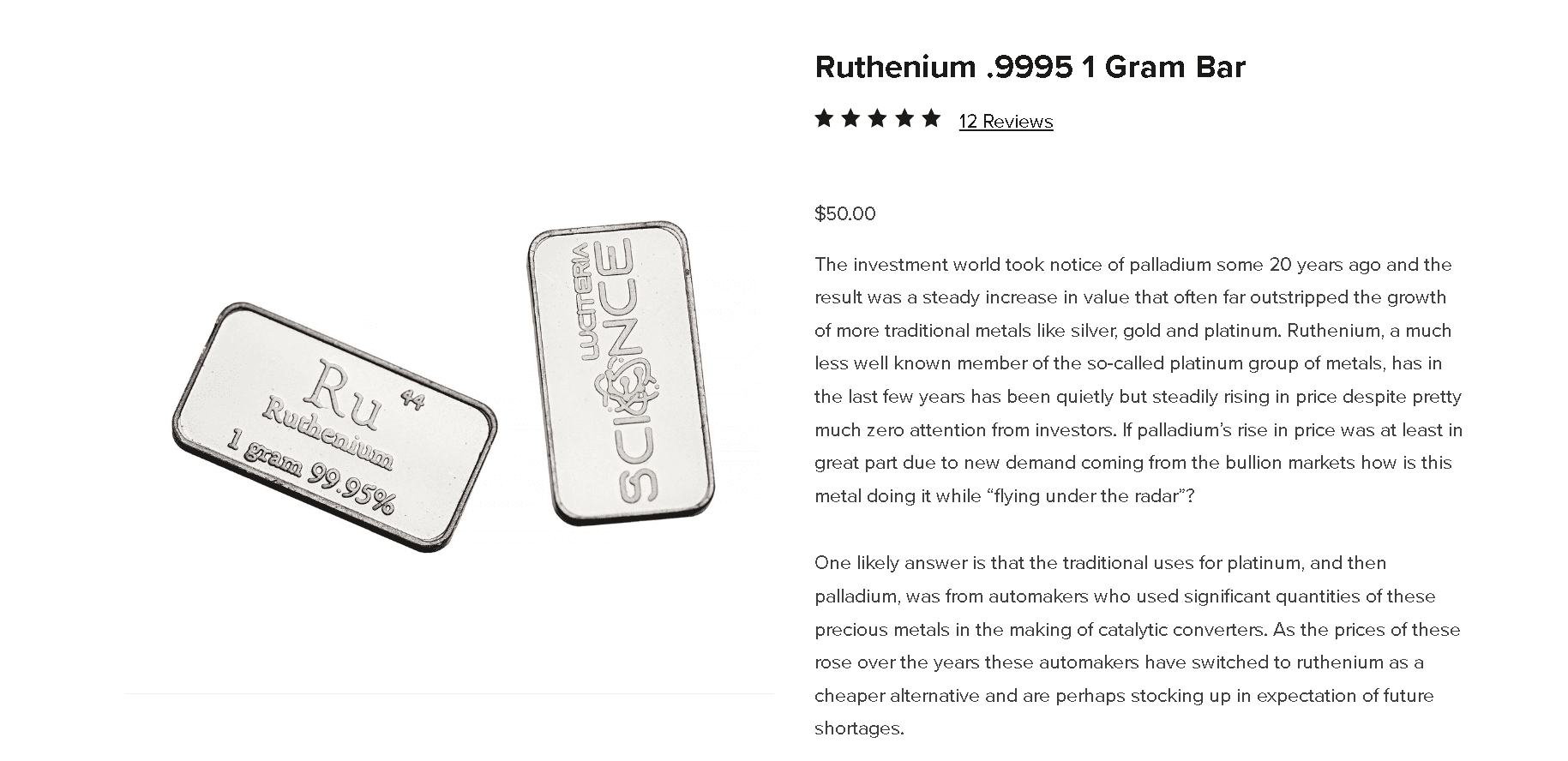 Ruthenium 1gr bar- made of pure ruthenium