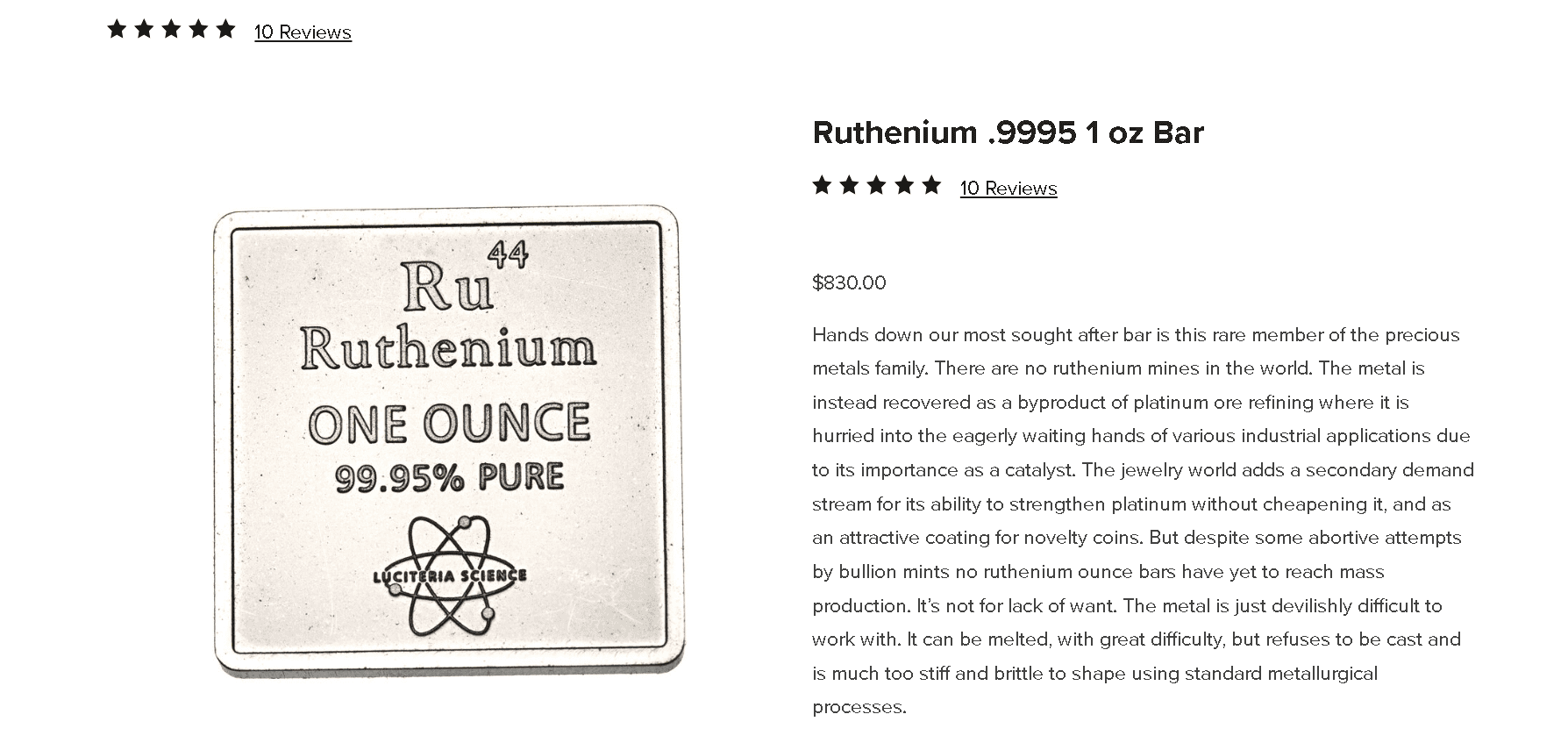 Ruthenium 1oz bar- made of pure ruthenium