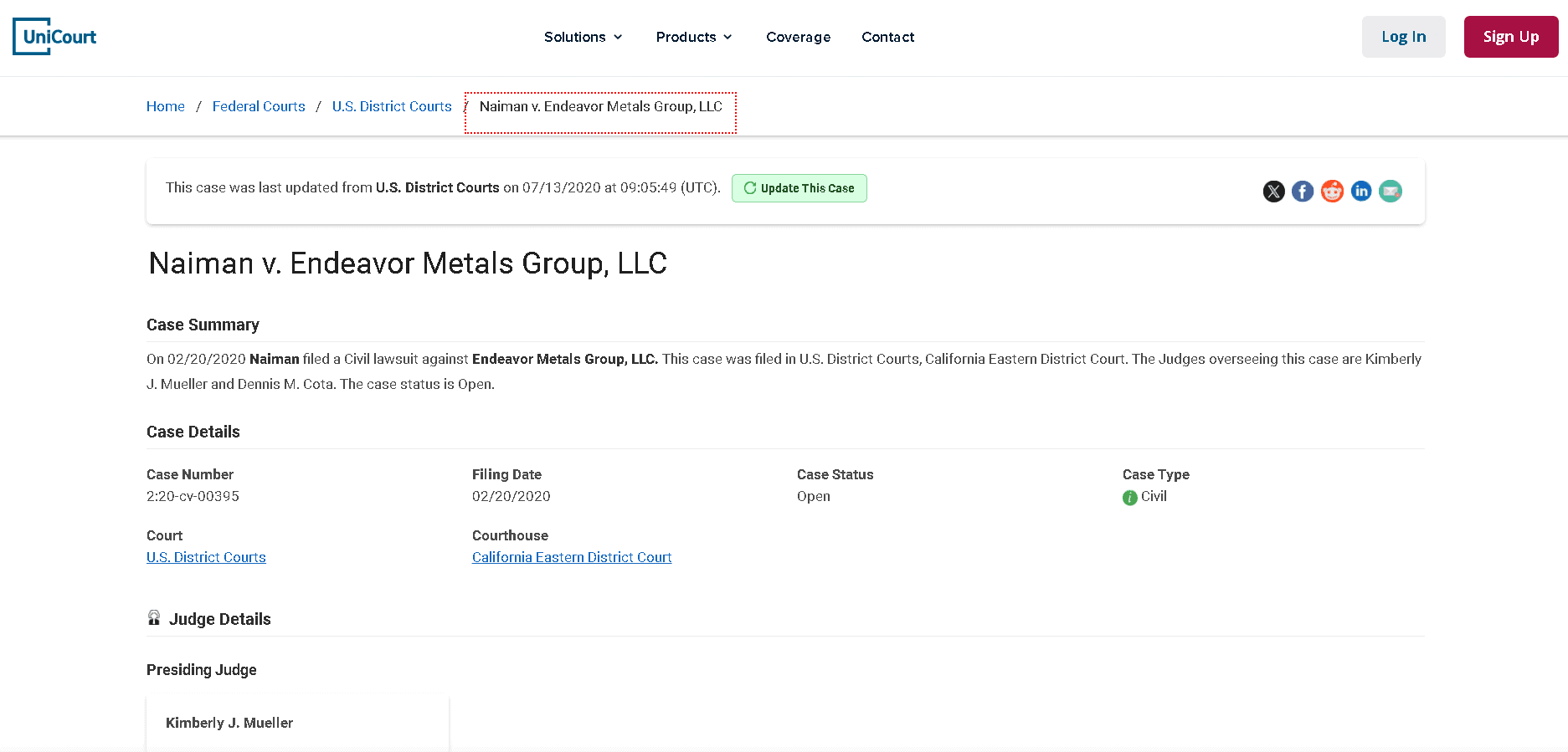 Lawsuit 1- Naiman v. Endeavor Metals Group, LLC