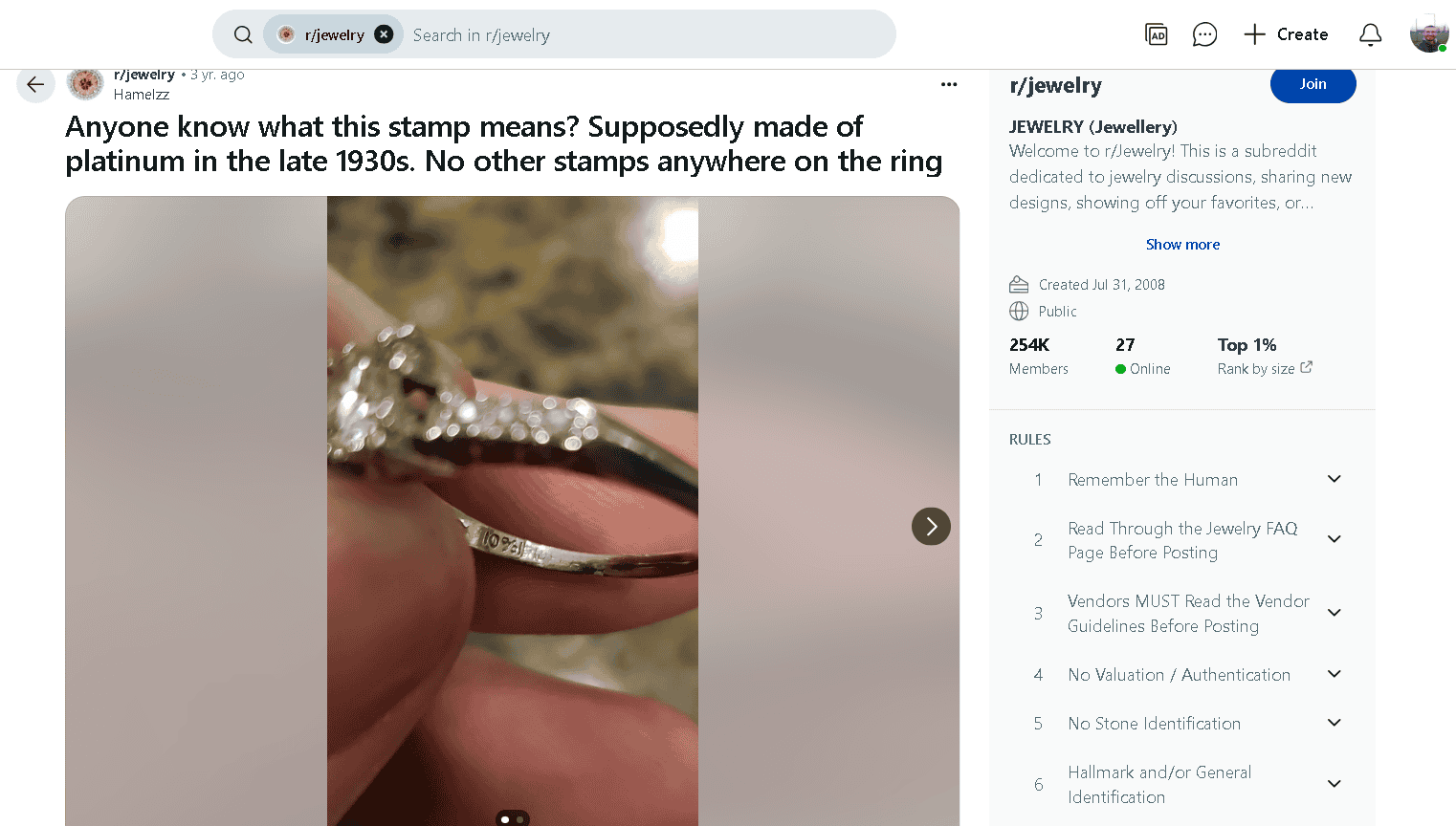 Platinum 750 hallmark on a platinum ring from the late1930's