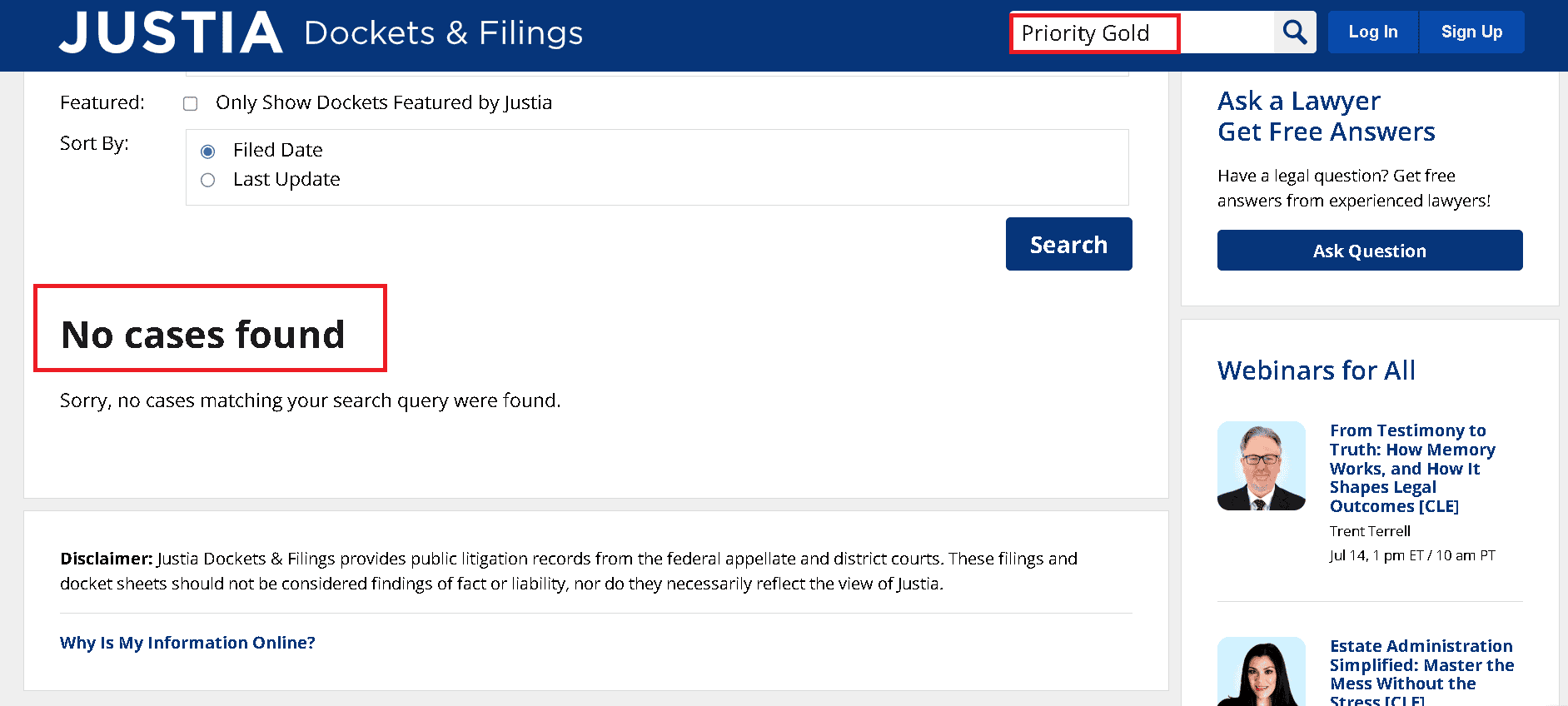 No lawsuits filed against Priority Gold on Justia.com