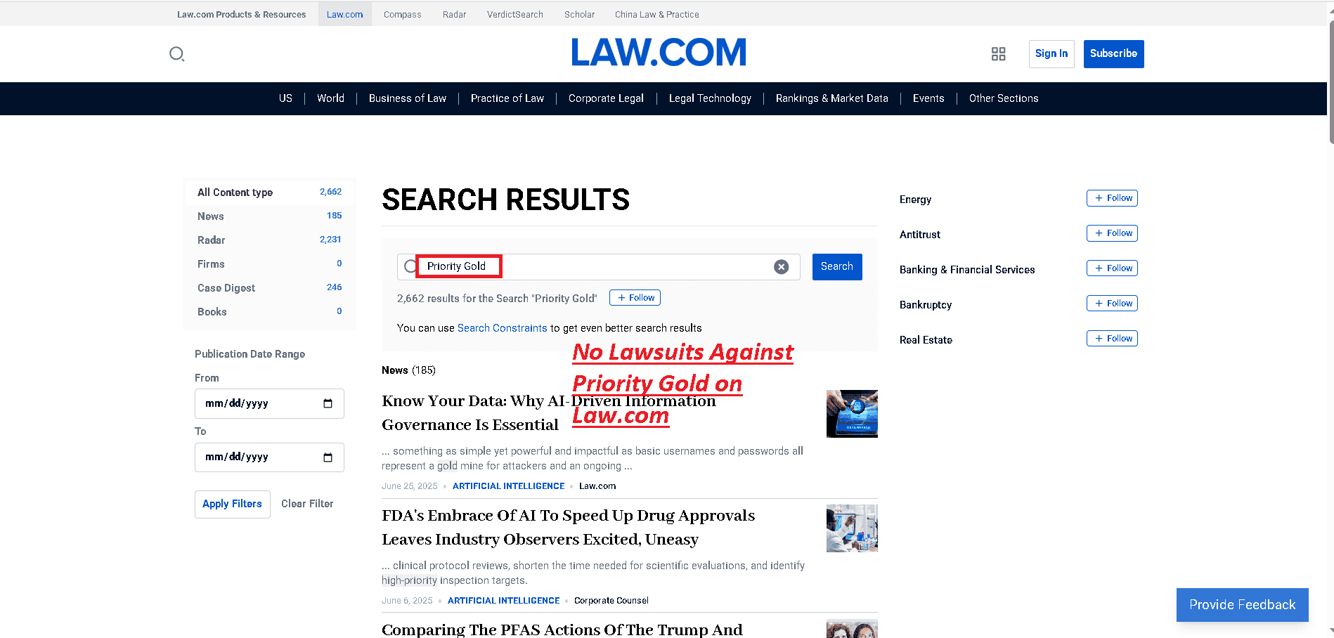 No lawsuits filed against Priority Gold on Law.com
