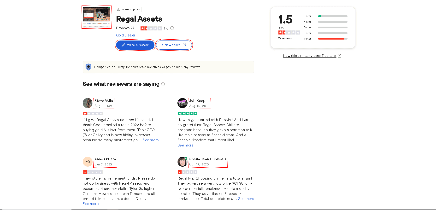 Regals Assets have abysmal customer complaints on Trustpilot