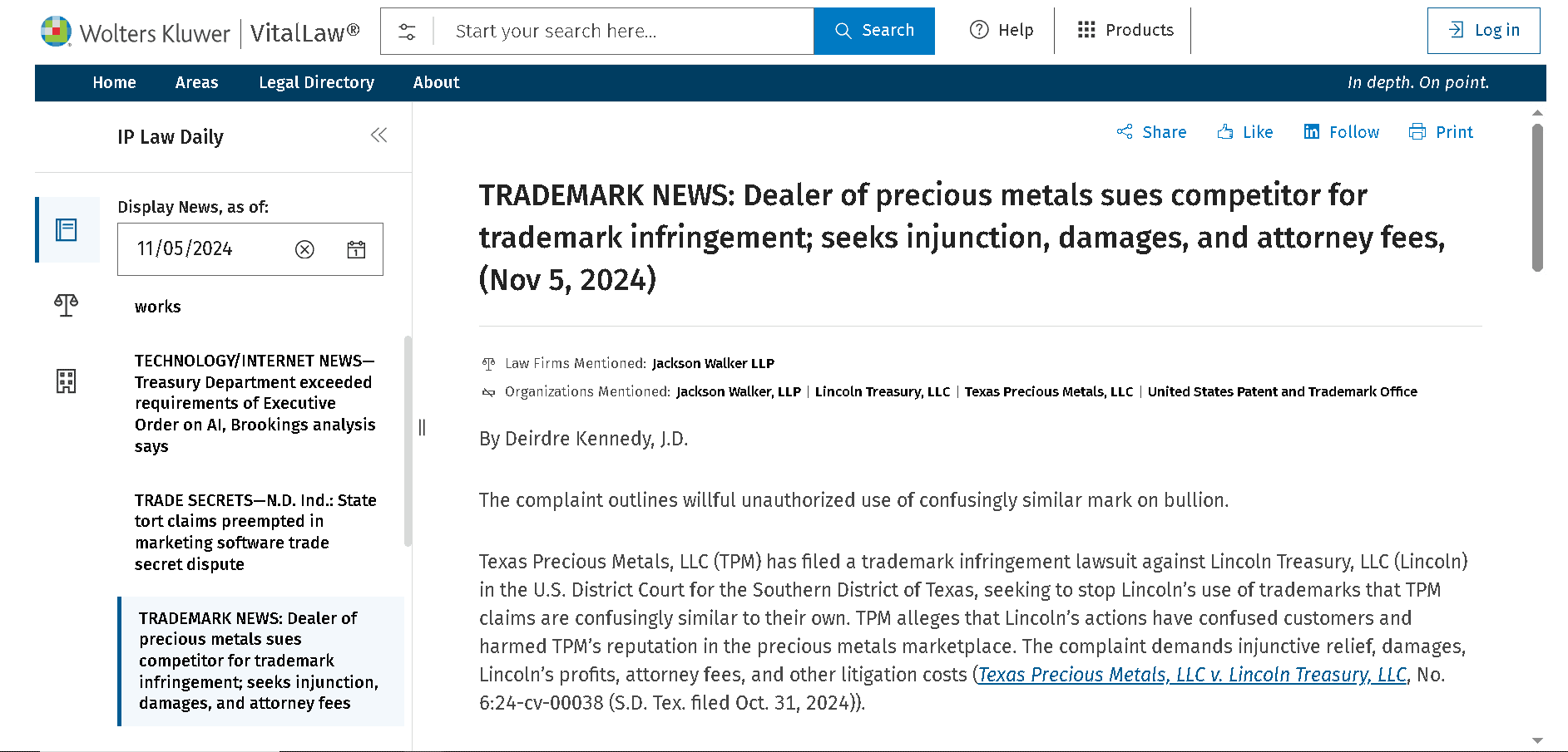 Lawsuit 2- Texas Precious Metals, LLC (TPM) has filed a trademark infringement lawsuit against Lincoln Treasury, LLC (Lincoln)