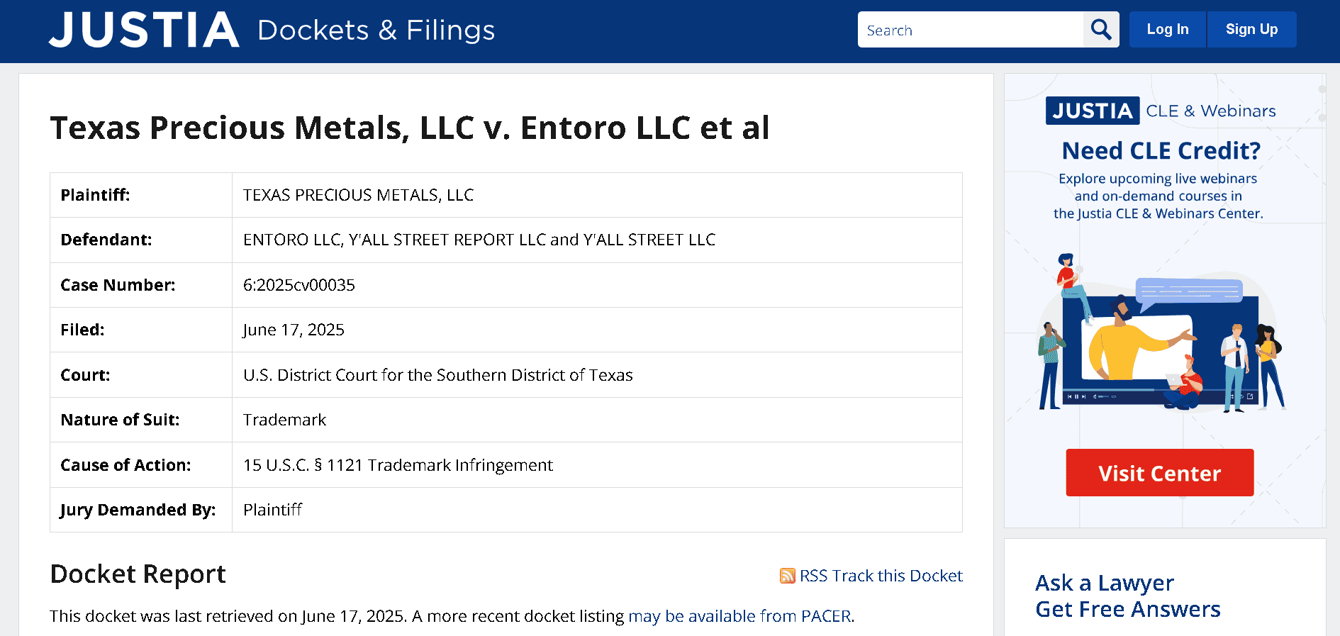 Lawsuit 3- Texas Precious Metals, LLC v. Entoro LLC et al