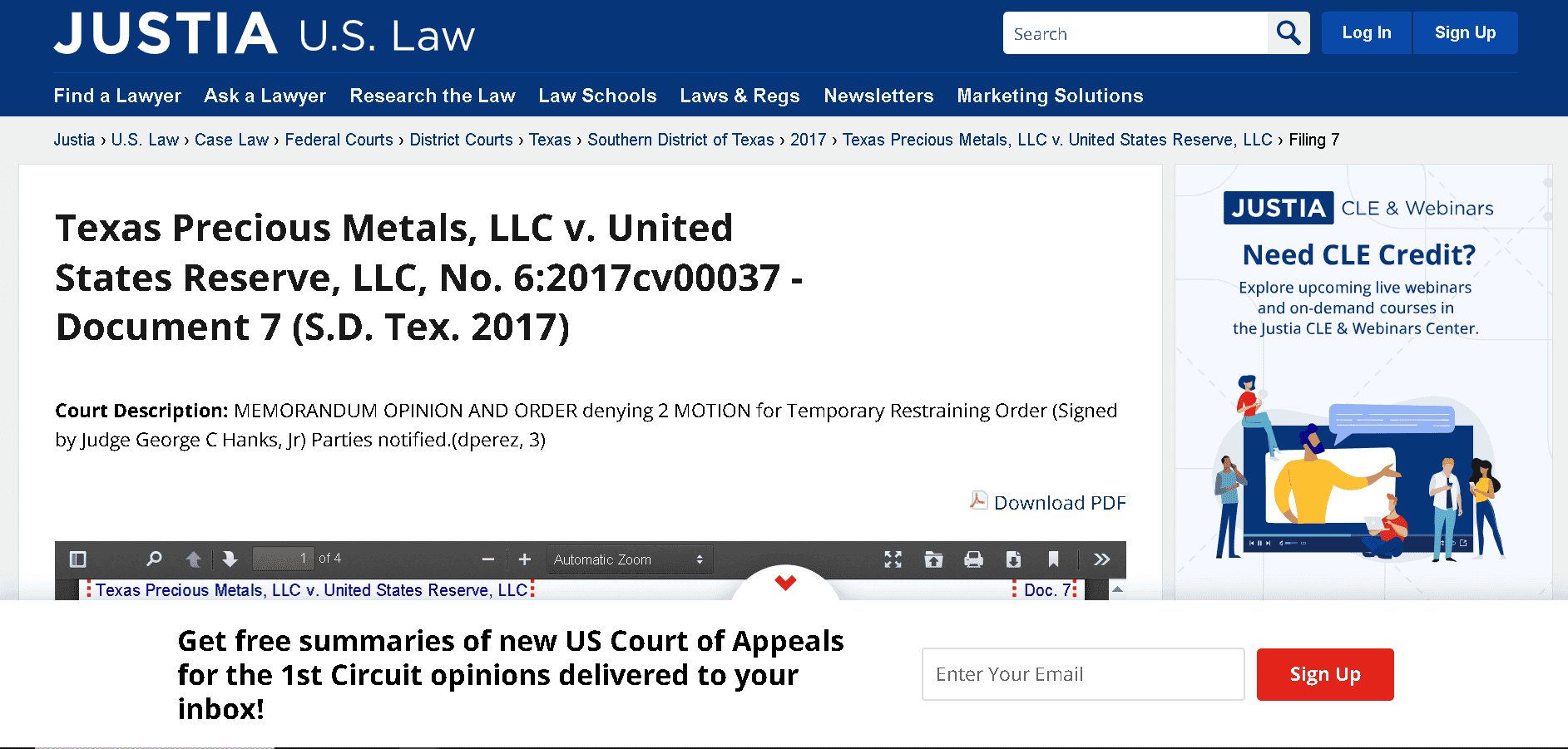 Texas Precious Metals, LLC v. United States Reserve, LLC, No. 6:2017cv00037 - Document 7 (S.D. Tex. 2017)