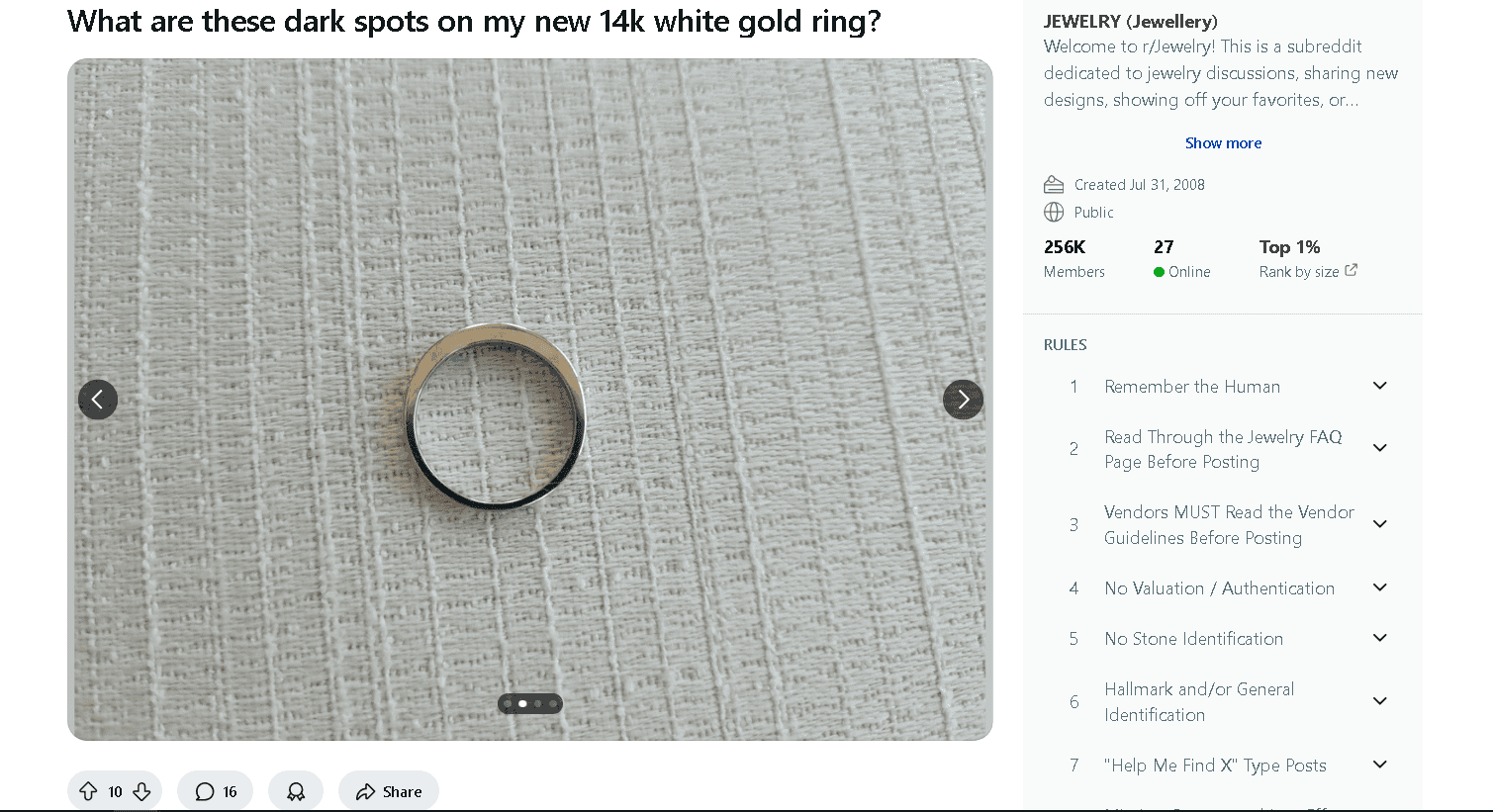14k white gold ring tarnish example
