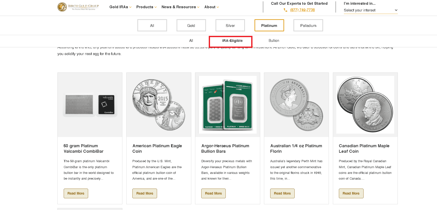 Examples of Platinum IRA approved coins and bars 