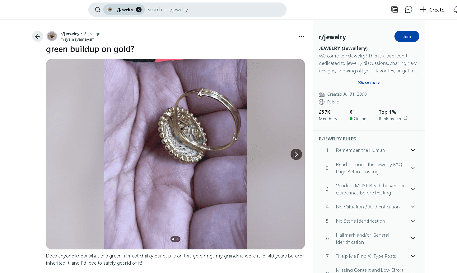 Green patina on a gold ring example