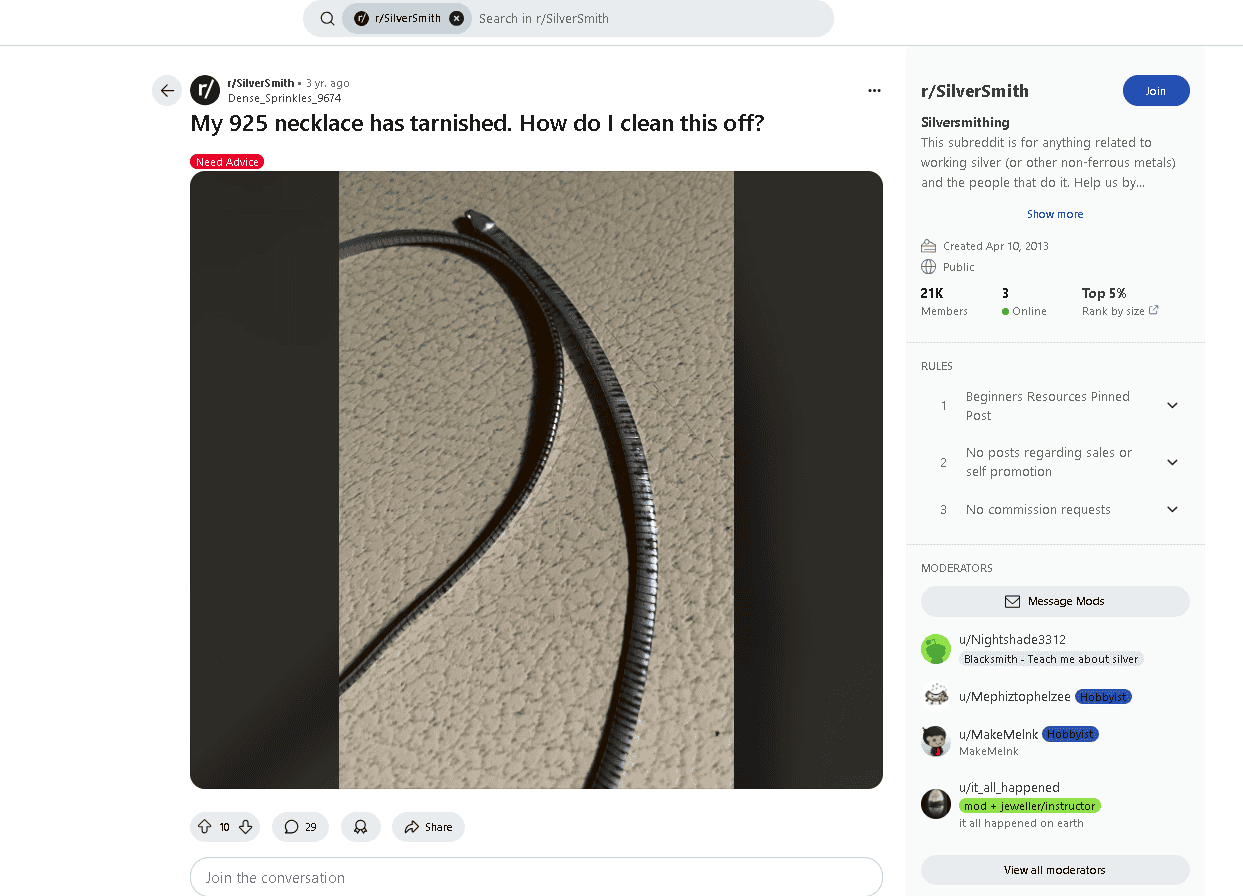 Tarnished sterling silver necklace example