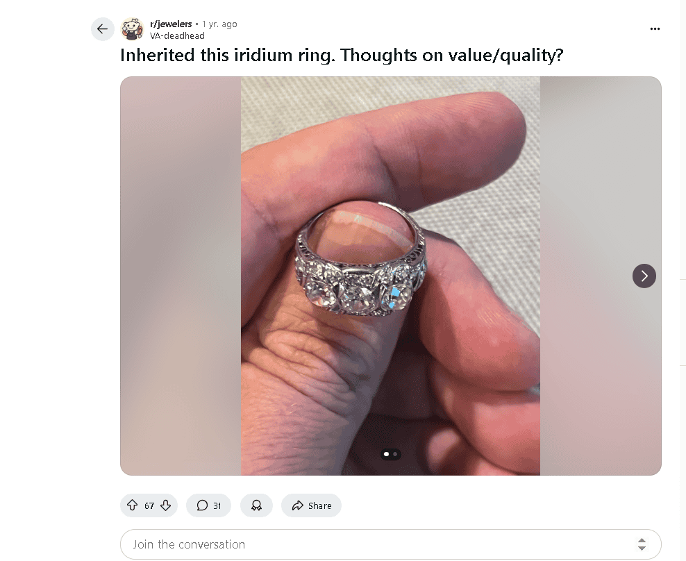 An example of iridium/platinum ring