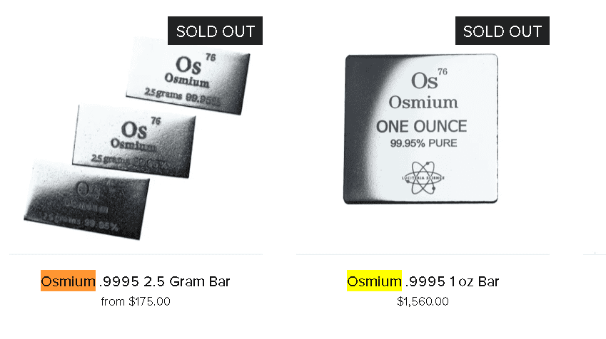 Pure osmium bullion example Pure osmium bullion example