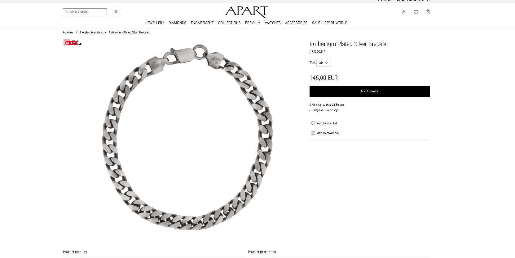 Sterling silver bracelet coated with ruthenium example Sterling silver bracelet coated with ruthenium example