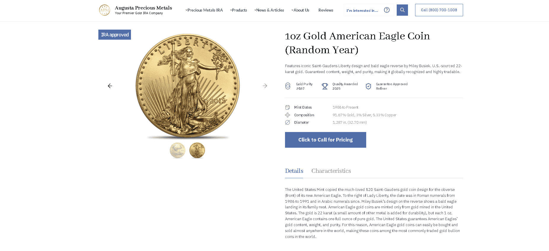An example of American Gold Eagle coins as sold by this gold investment company. An example of American Gold Eagle coins as sold by this gold investment company.