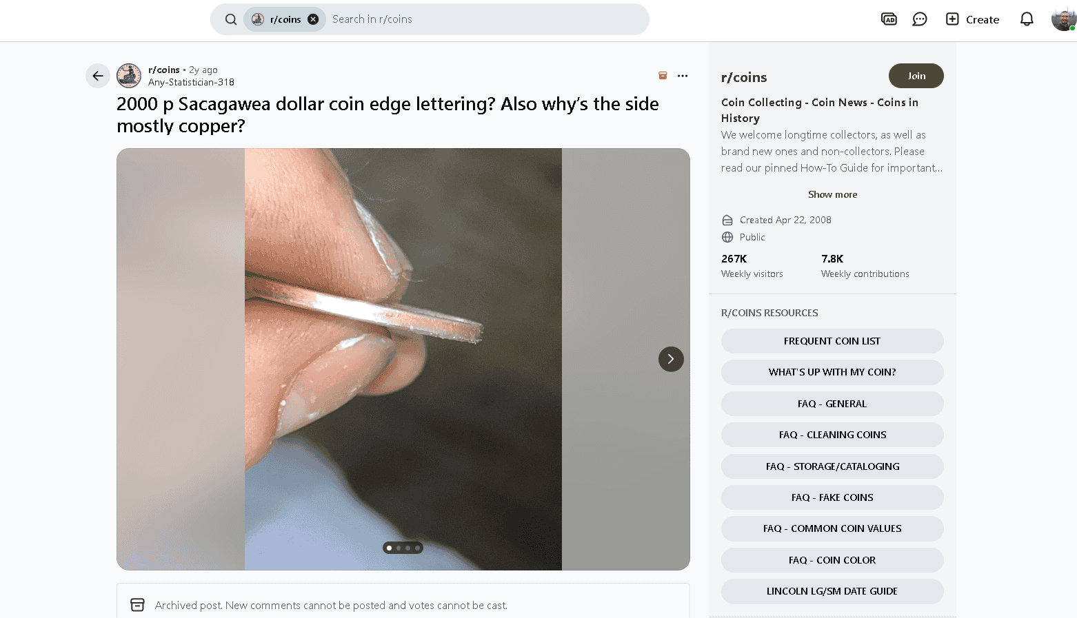 An example of a Sacagawea coin with no edge lettering