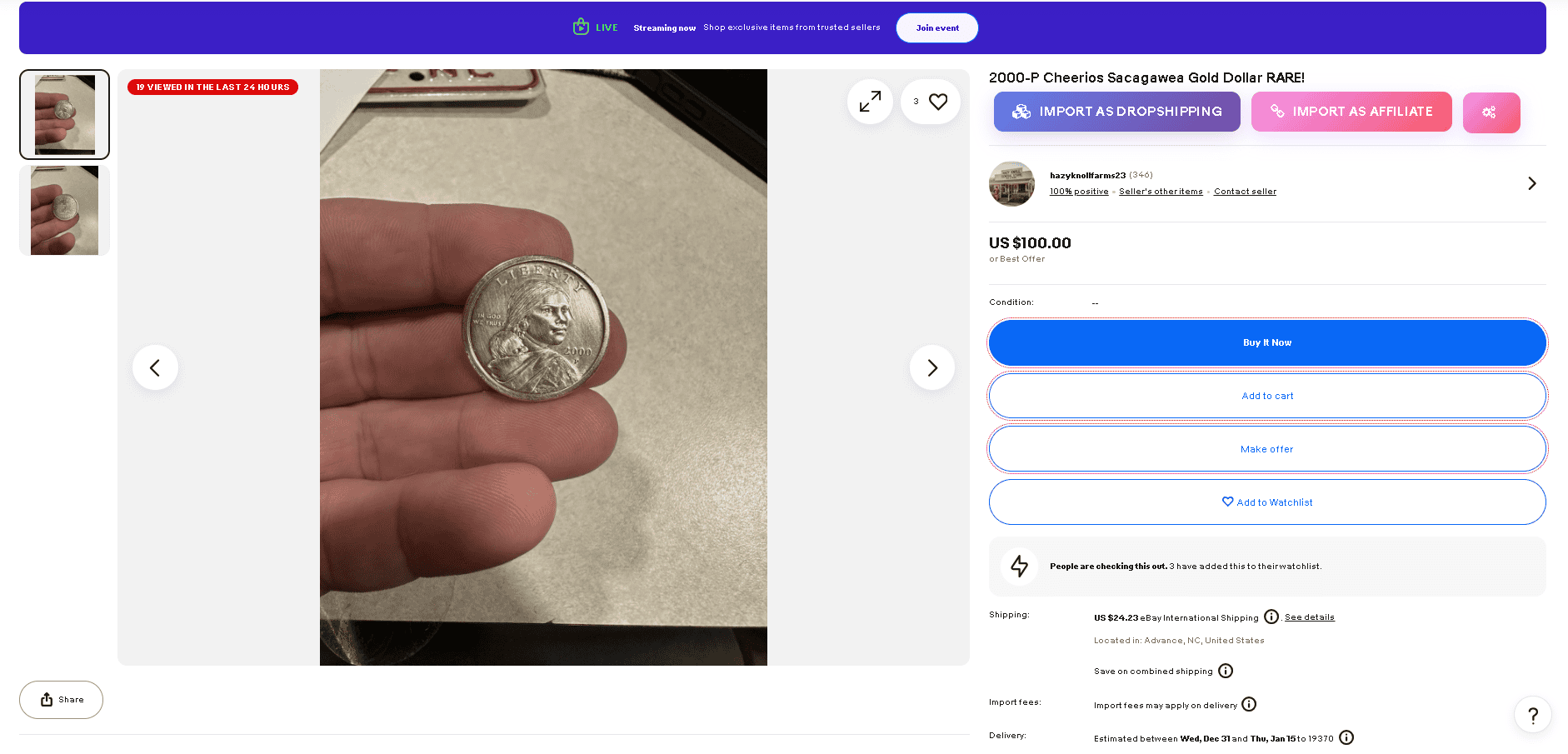 Genuine Cheerios Dollar sold on eBay