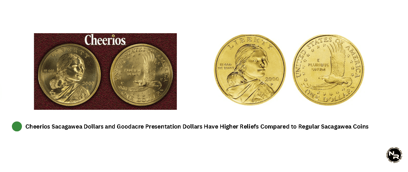 Cheerios Sacagawea Dollars and Goodacre Presentation Dollars both feature higher and more detailed reliefs.