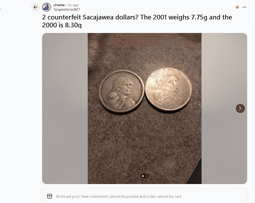 2 examples of counterfeited Sacagawea coins. One looks like the 2001-P Sacagawea Experimental Rinse Dollar