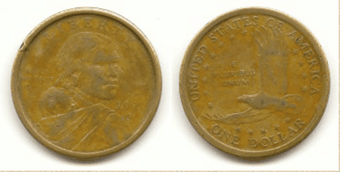Fake Sacagawea Dollars recognized by their erroneous color scheme.
