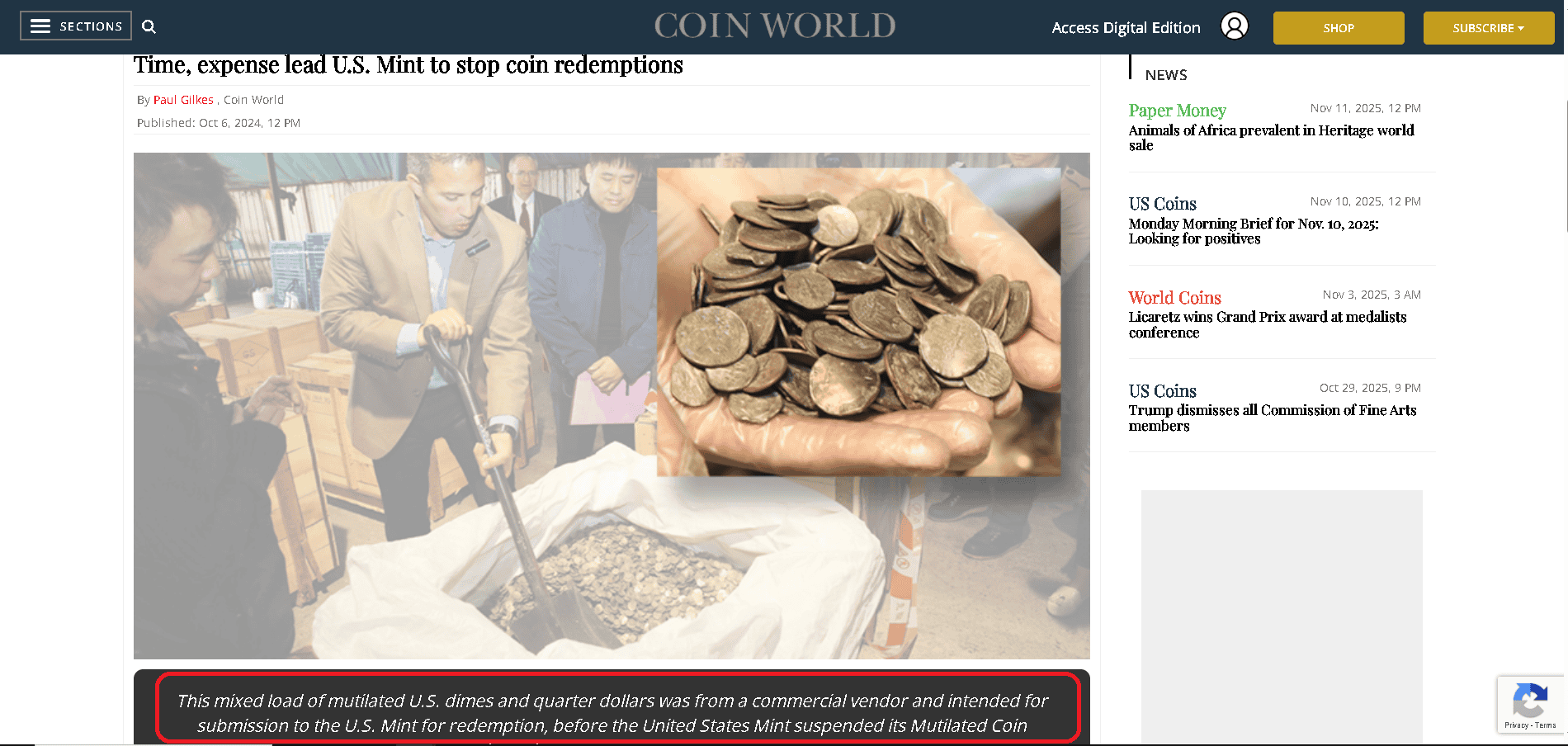 Mutilated coins program is permanently canceled