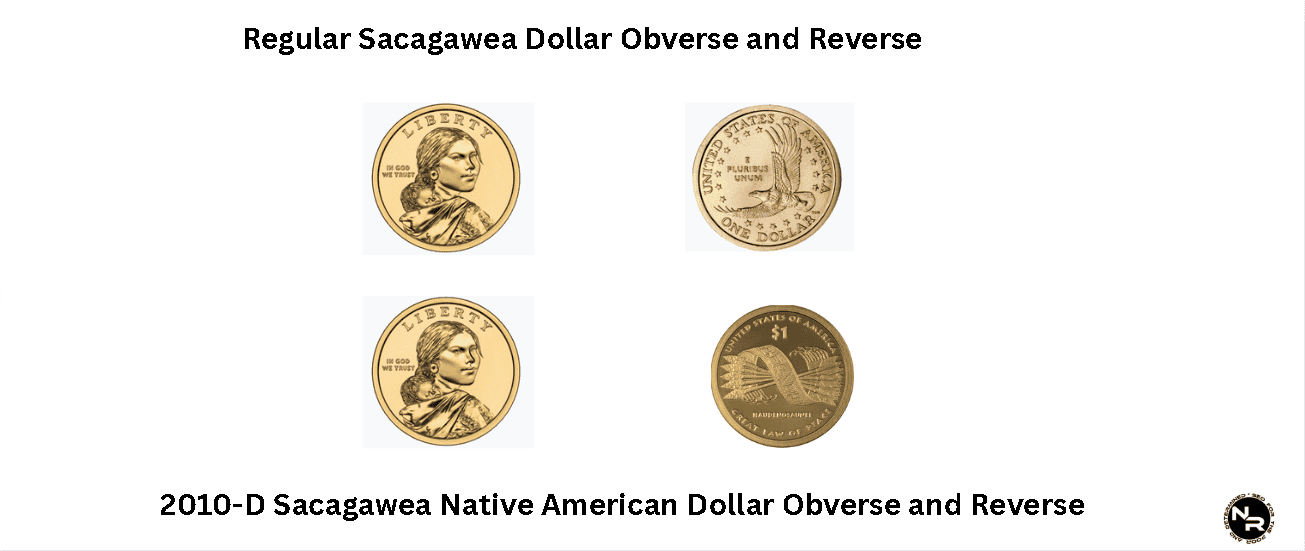 Visual comparison of regular Sacagawea Dollar and one coin from the Native American Series (2010-D Sacagawea Native American Dollar).