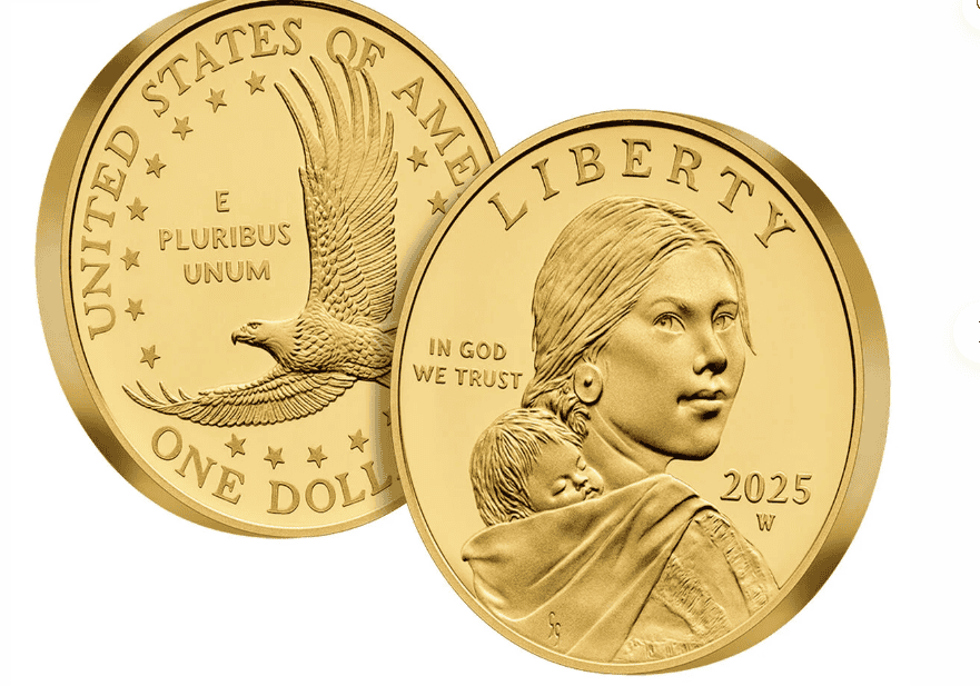 Sacagawea gold coin issued to celebrate the 25th anniversary of the coin. Sacagawea gold coin issued to celebrate the 25th anniversary of the coin.