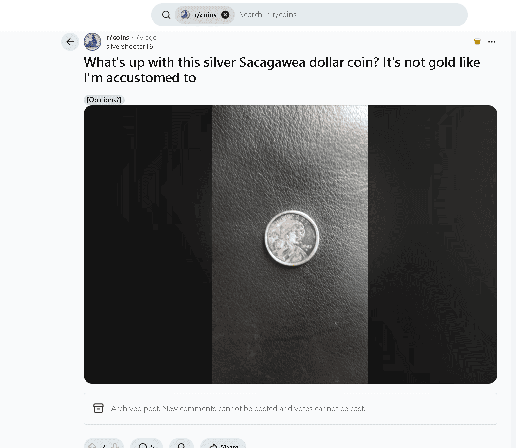 Tarnished Sacagawea coin that's silvery in appearance.