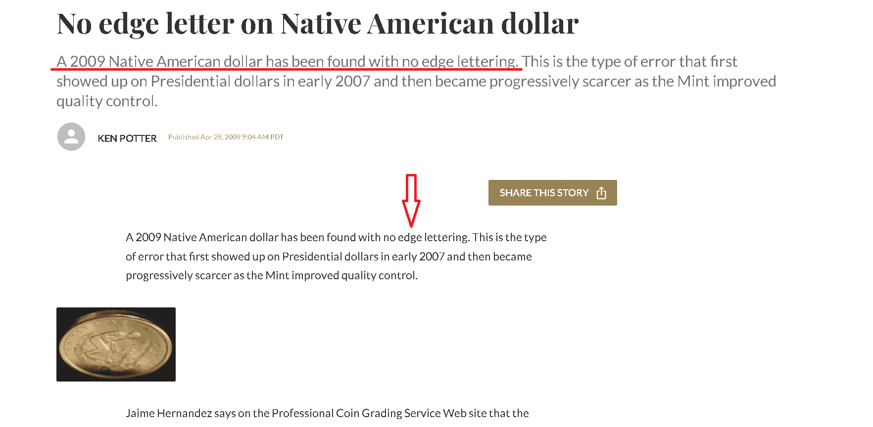 An example of 2009 Sacagawea Dollar without edge lettering and date.