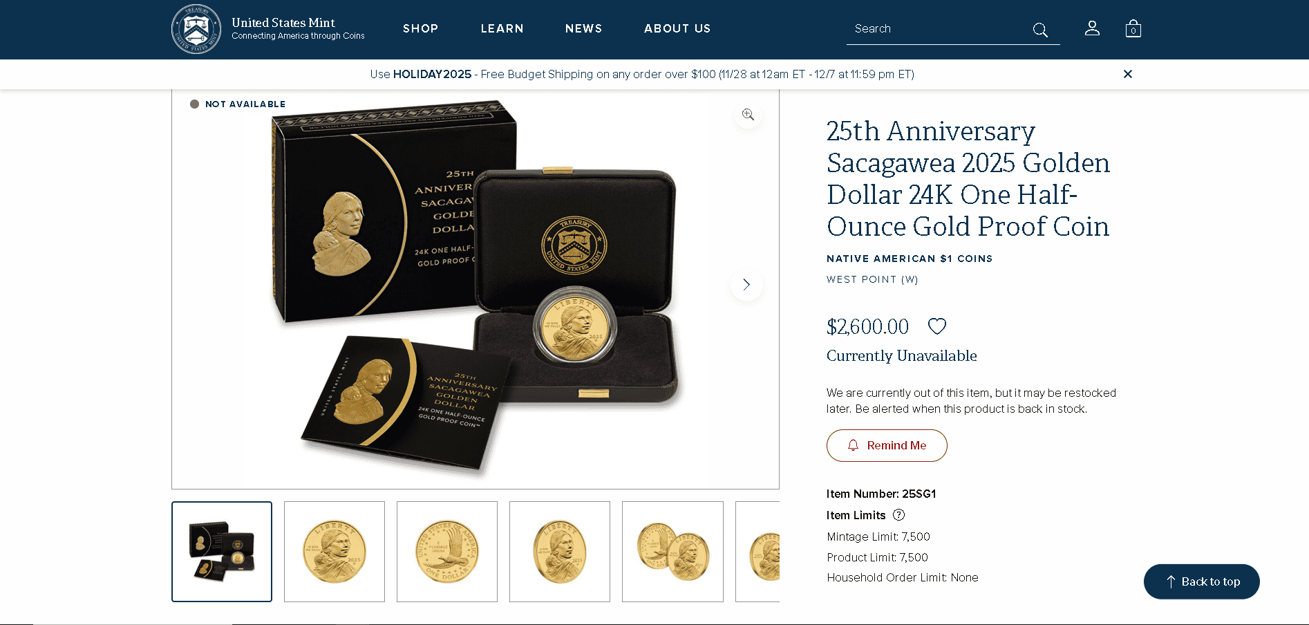 25th Anniversary Sacagawea 2025 Golden Dollar 24K One Half-Ounce Gold Proof Coin 25th Anniversary Sacagawea 2025 Golden Dollar 24K One Half-Ounce Gold Proof Coin