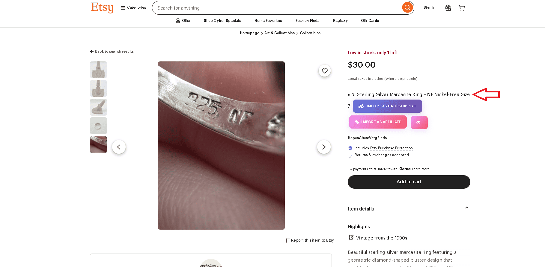 Sterling silver marcasite ring with a NF 925 hallmark signifying it's nickel free.