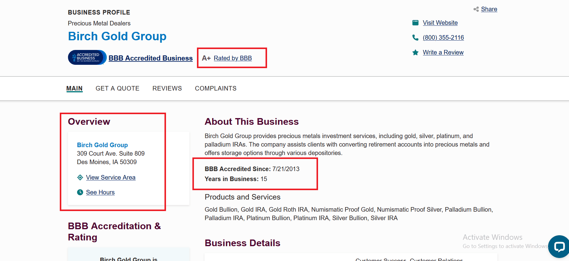 Birch Gold Group BBB profile, score and ratings.