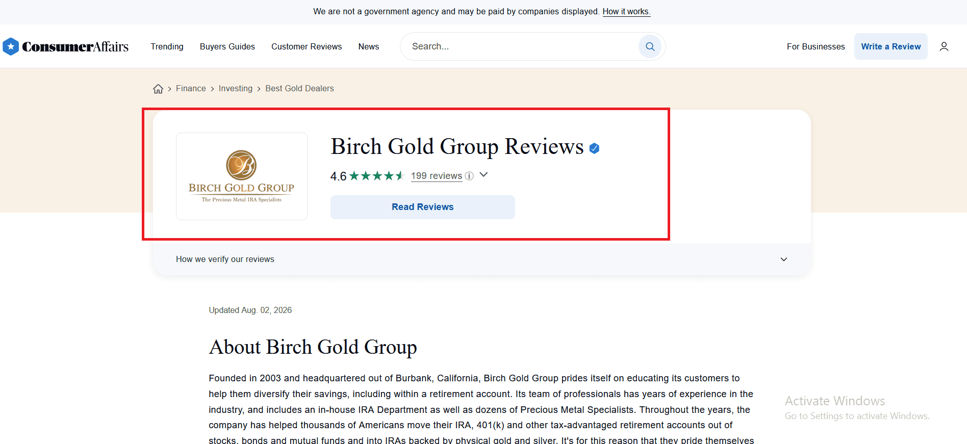 Birch Gold Group ConsumerAffairs profile and score.