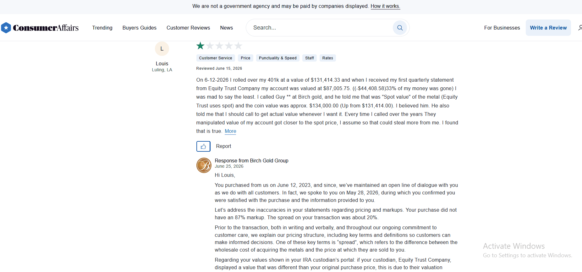 Birch Gold Group complaint and negative review 3.
