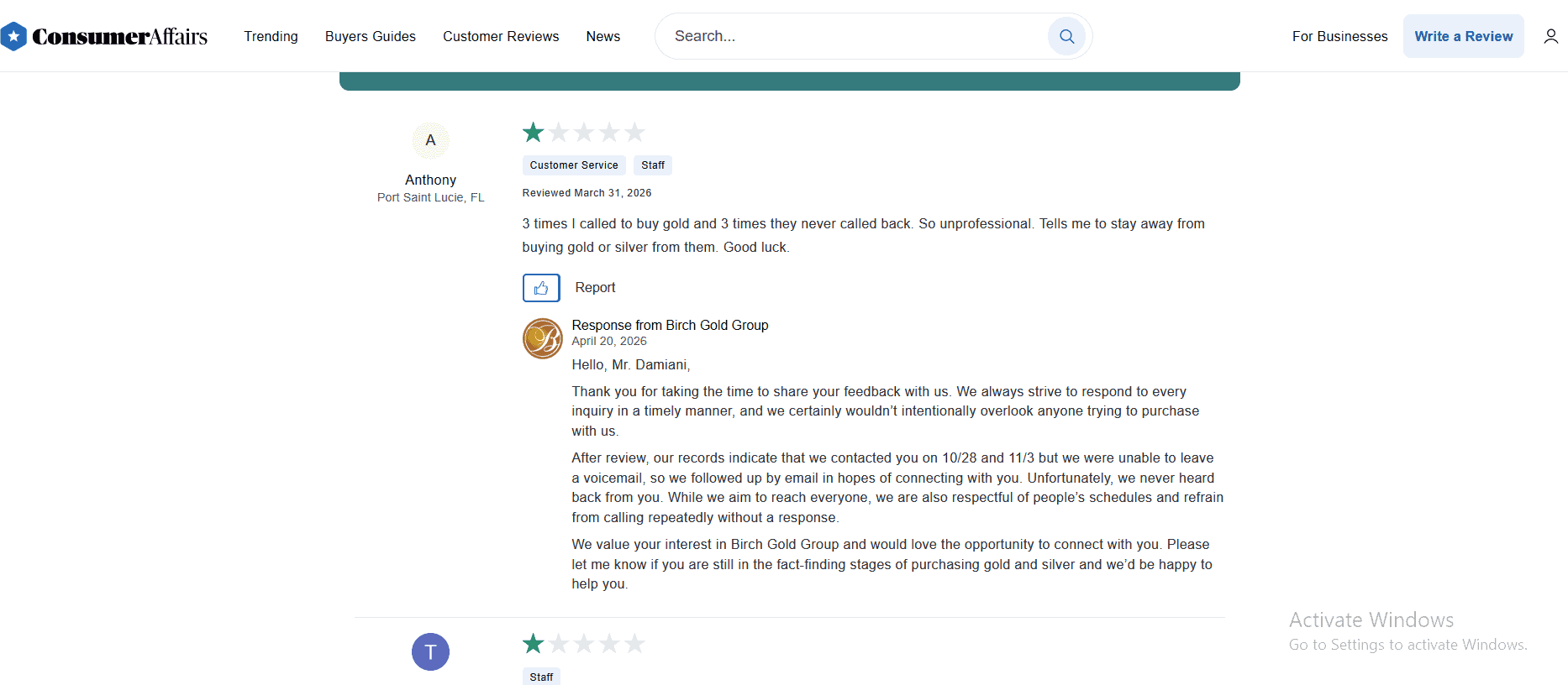 Birch Gold Group complaint and negative review 4.