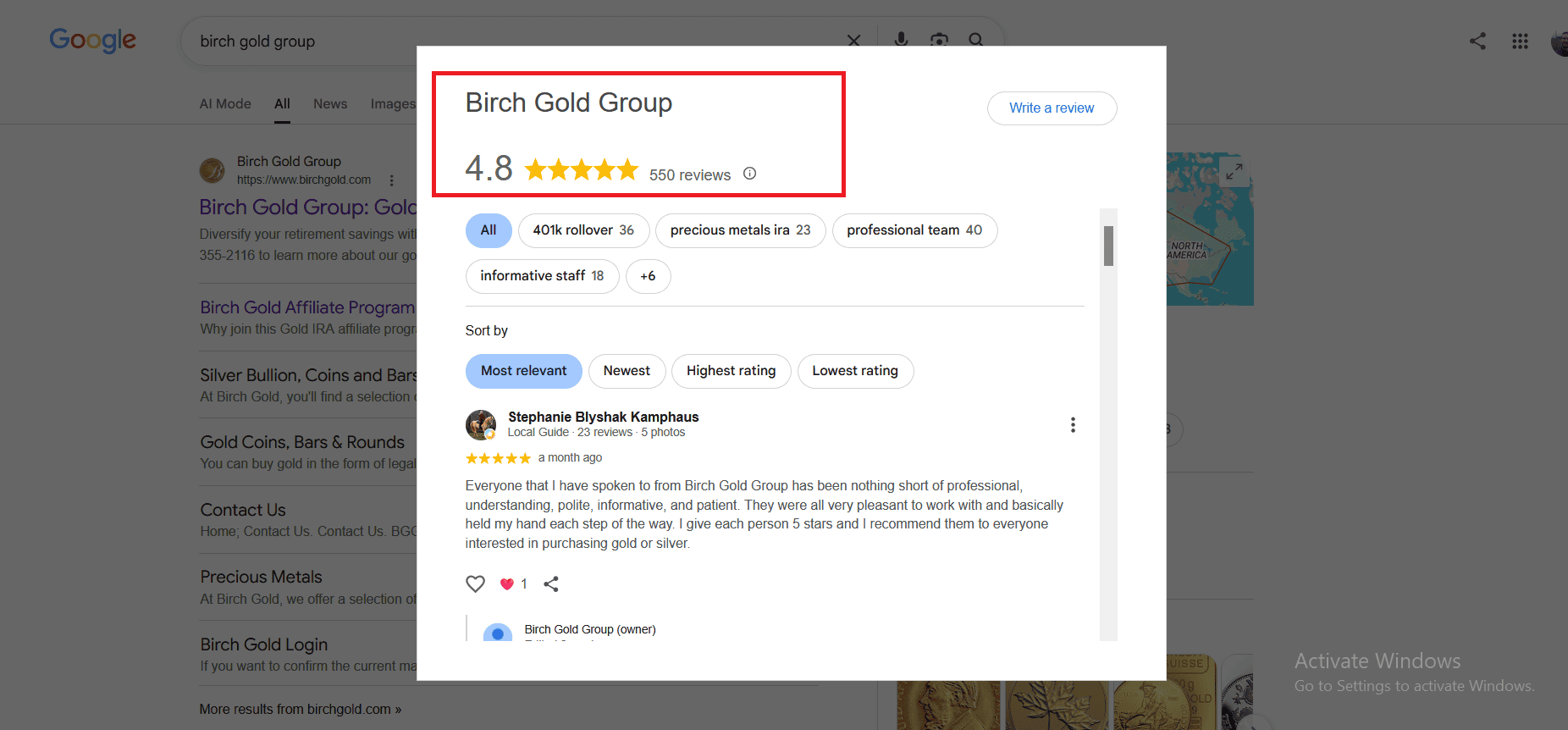 Birch Gold Group Google Business profile and score.