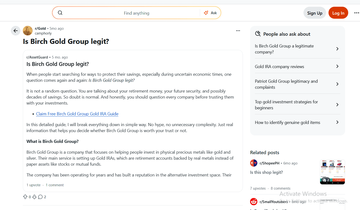 Birch Gold Group Reddit fake review example 1.