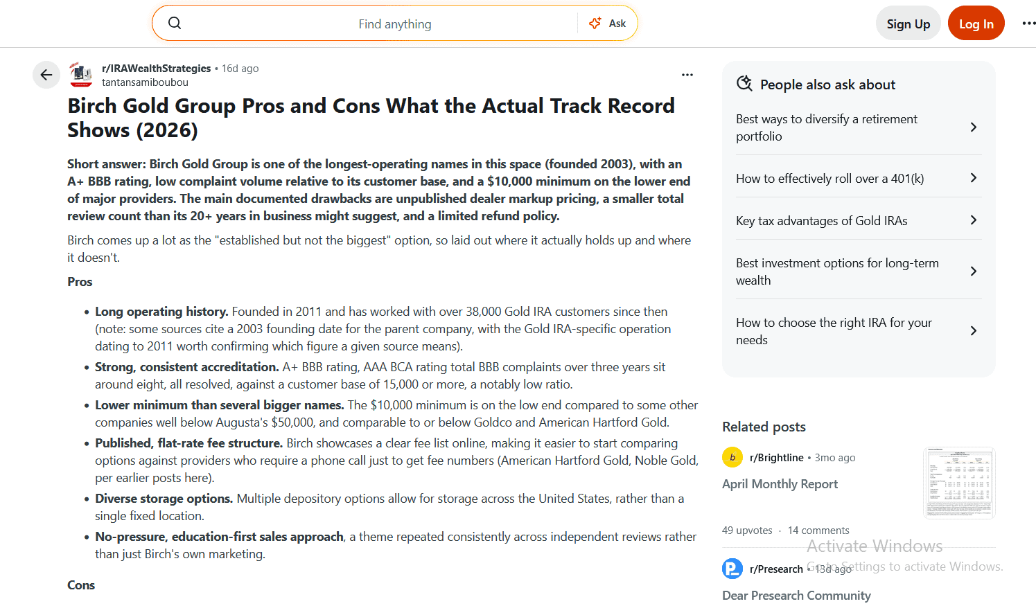 Birch Gold Group Reddit fake review example 2.