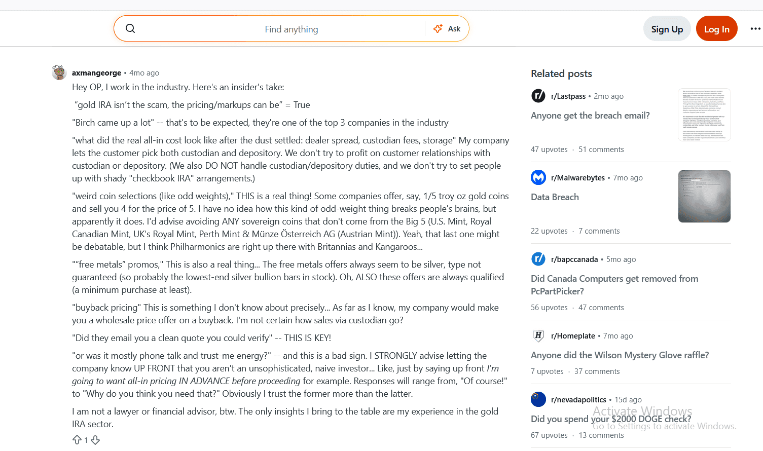 Birch Gold Group Reddit review example.