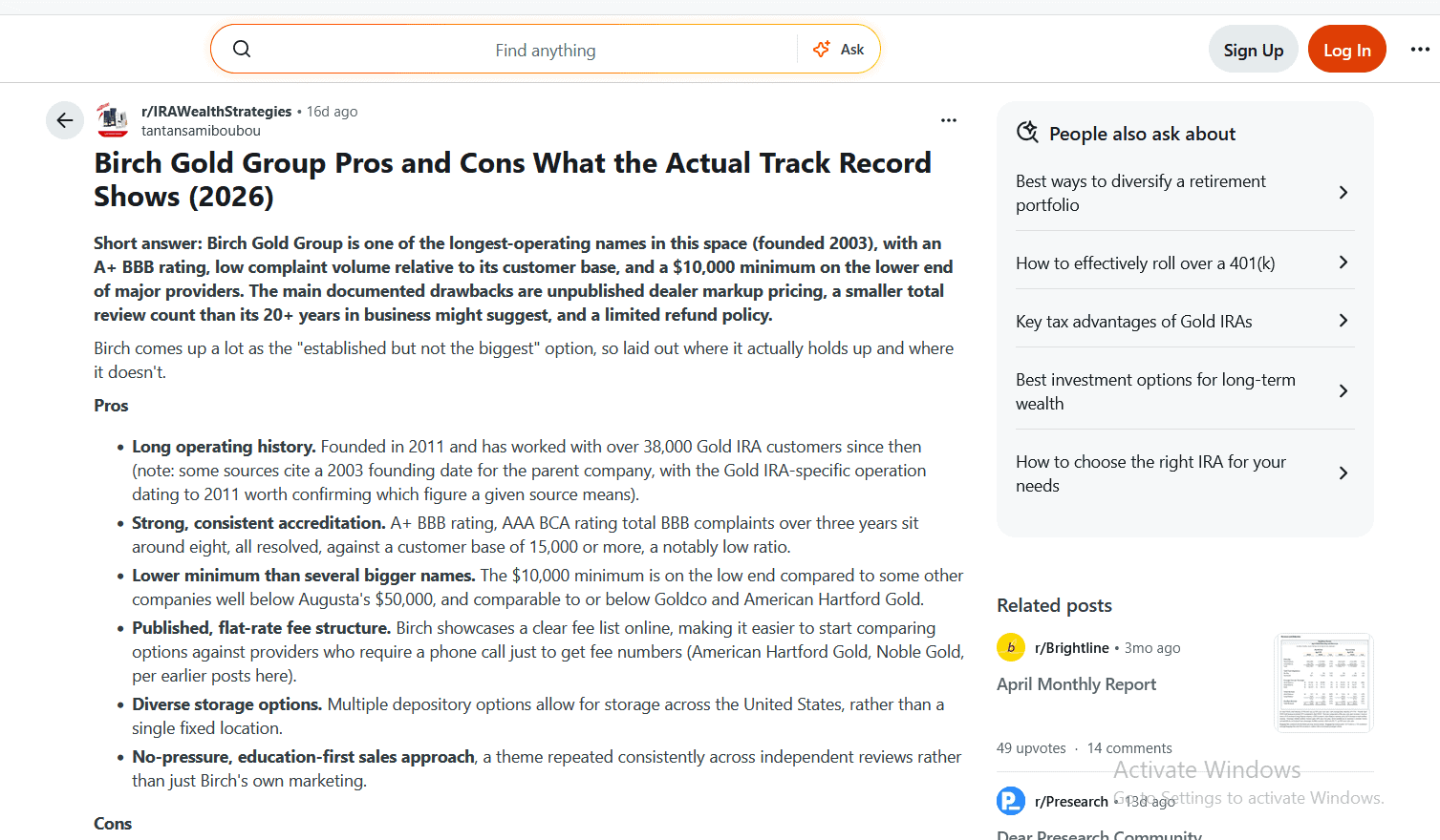 Birch Gold Group Reddit review example.