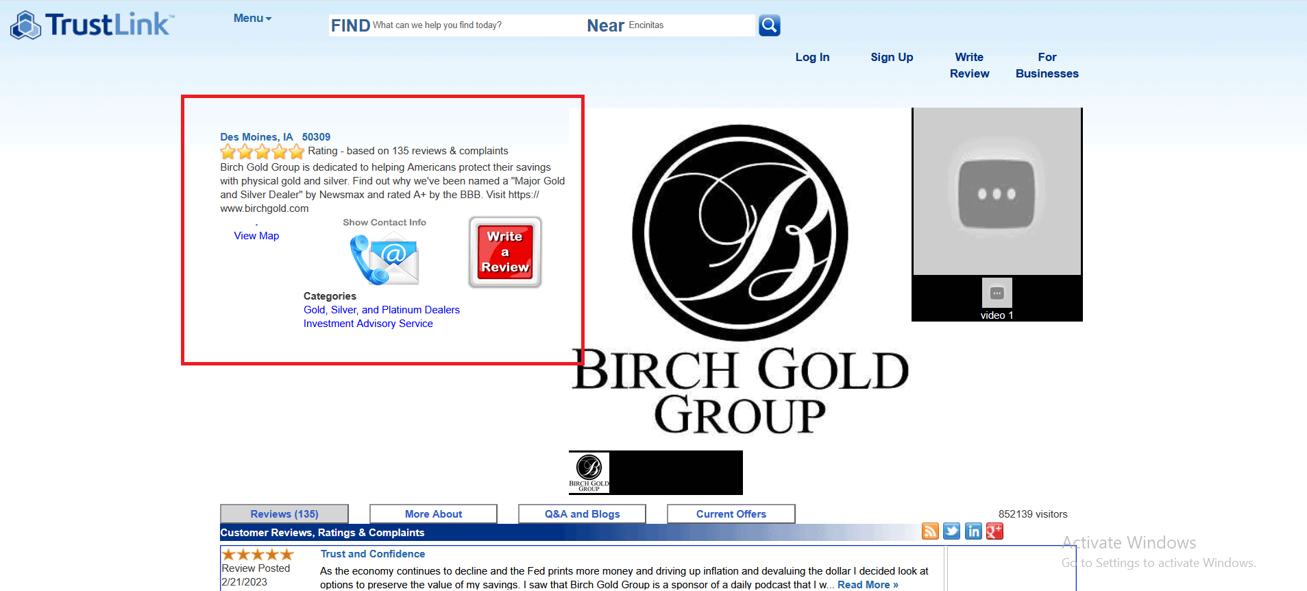 Birch Gold Group Trustlink profile and score.