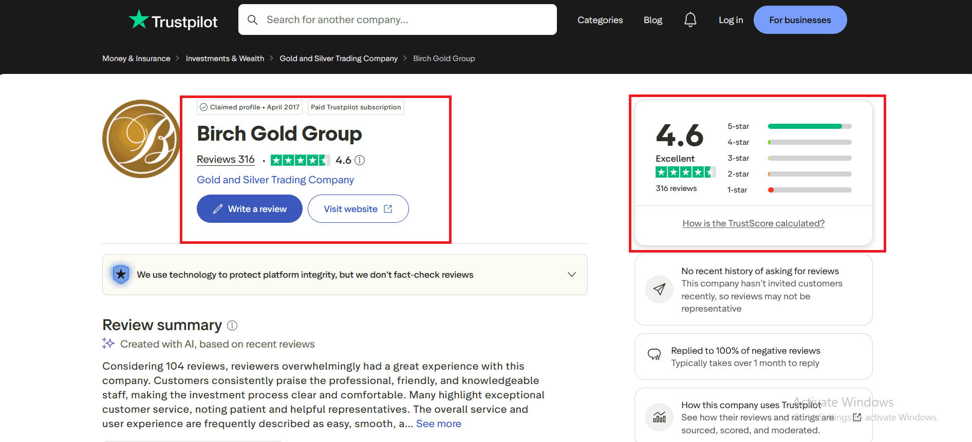 Birch Gold Group Trustpilot profile and score.