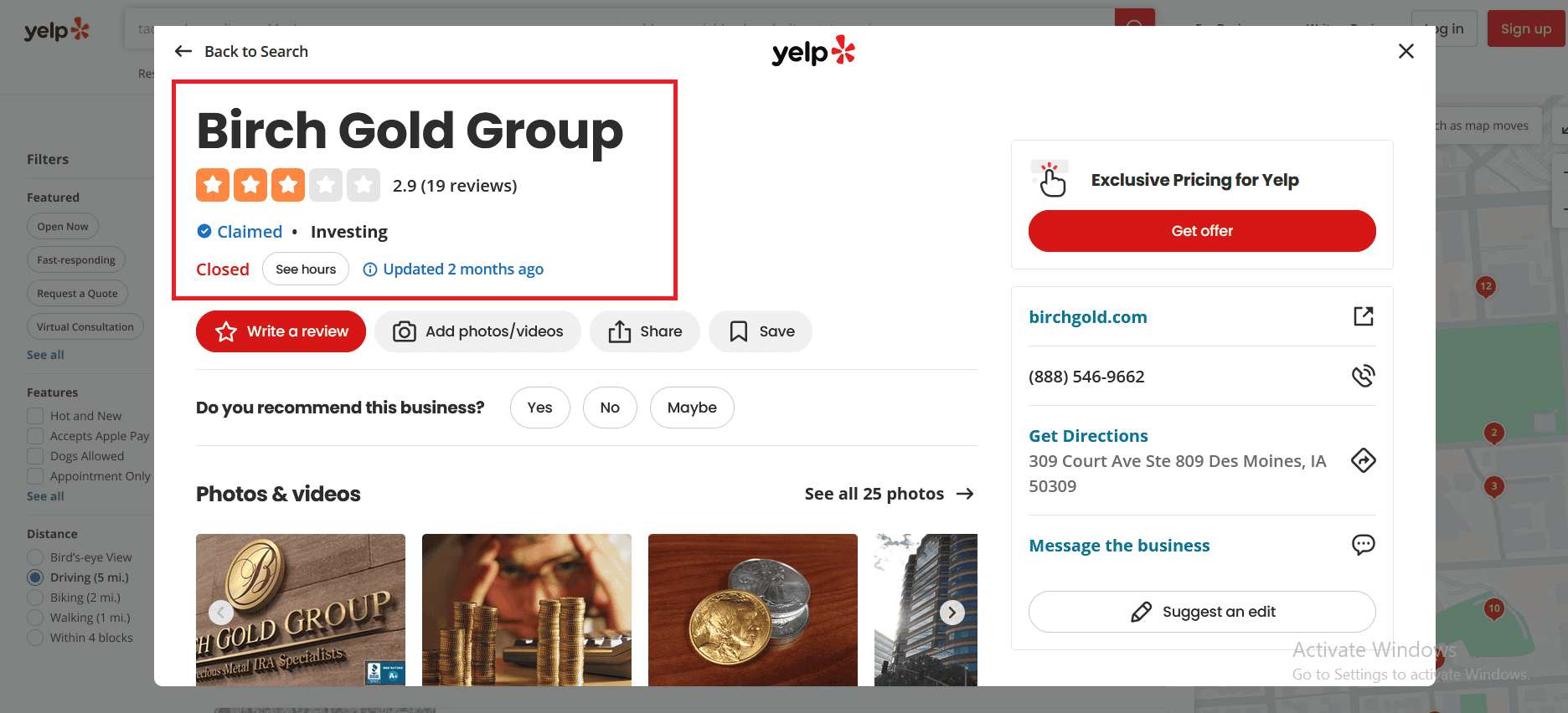 Birch Gold Group Yelp profile and score.