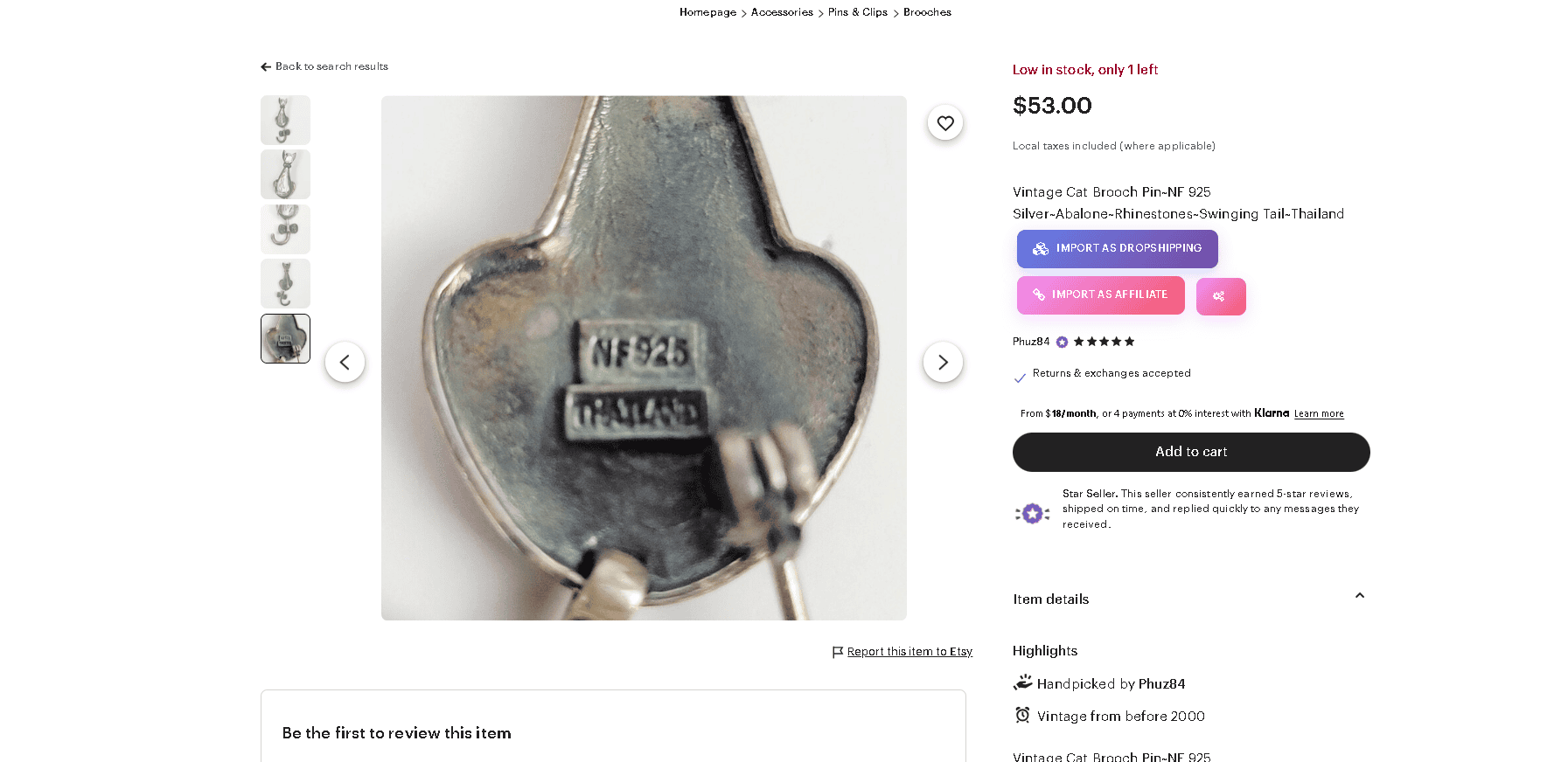 Vintage broch with a NF 925 hallmark signifying it's nickel free.