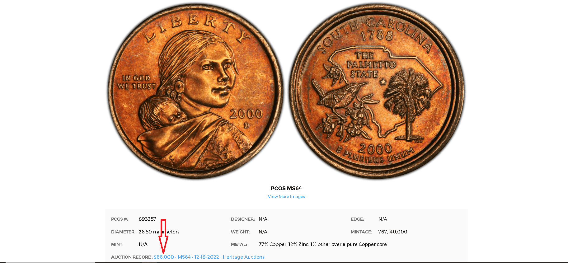 2000-D Sacagawea Dollar mule with the South Carolina Quarter reverse was sold for $66,000