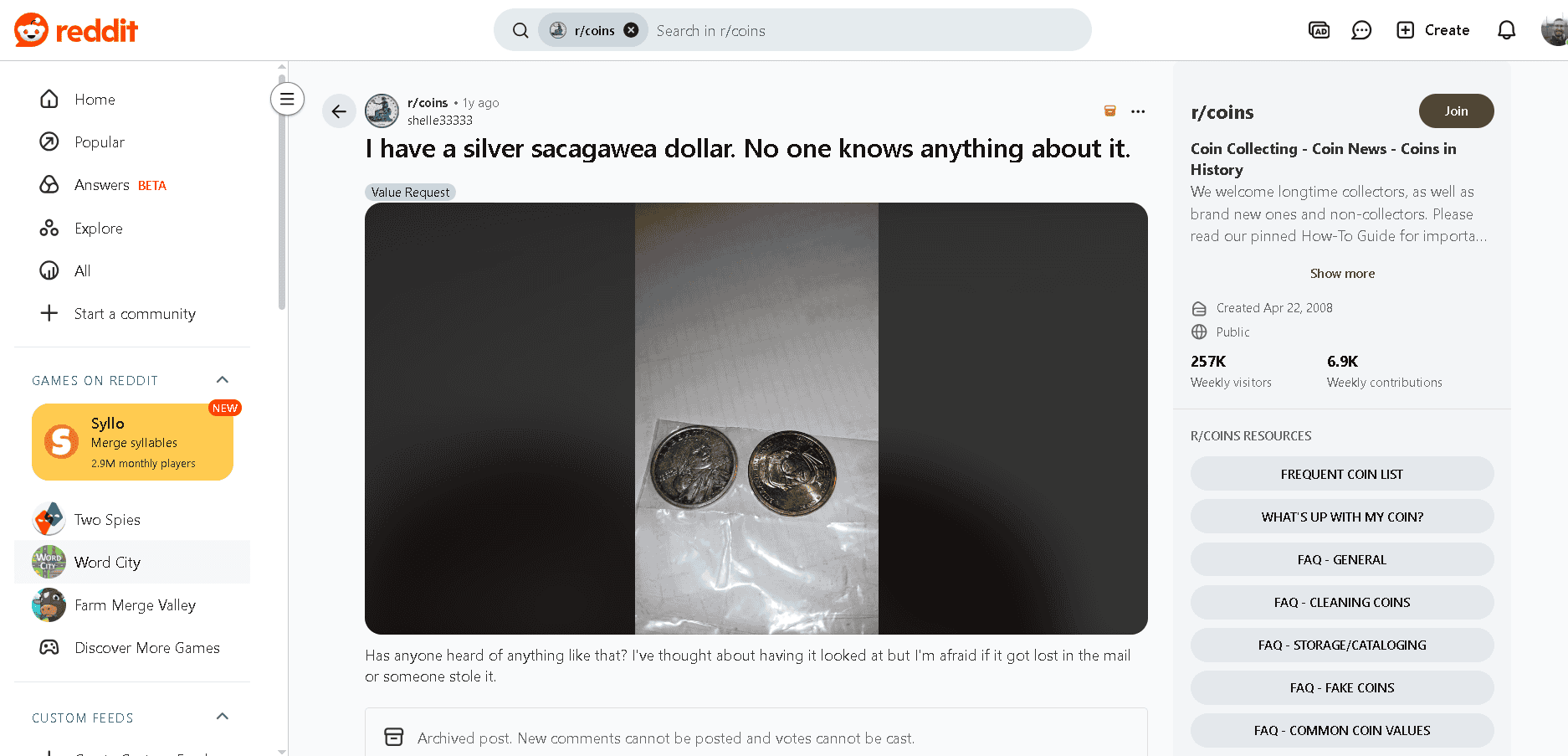 Another example of a silver-plated Sacagawea coin