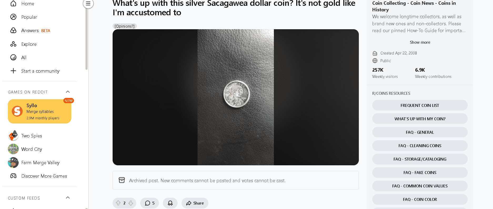 Tarnished Sacagawea coin that looks like it's made of silver