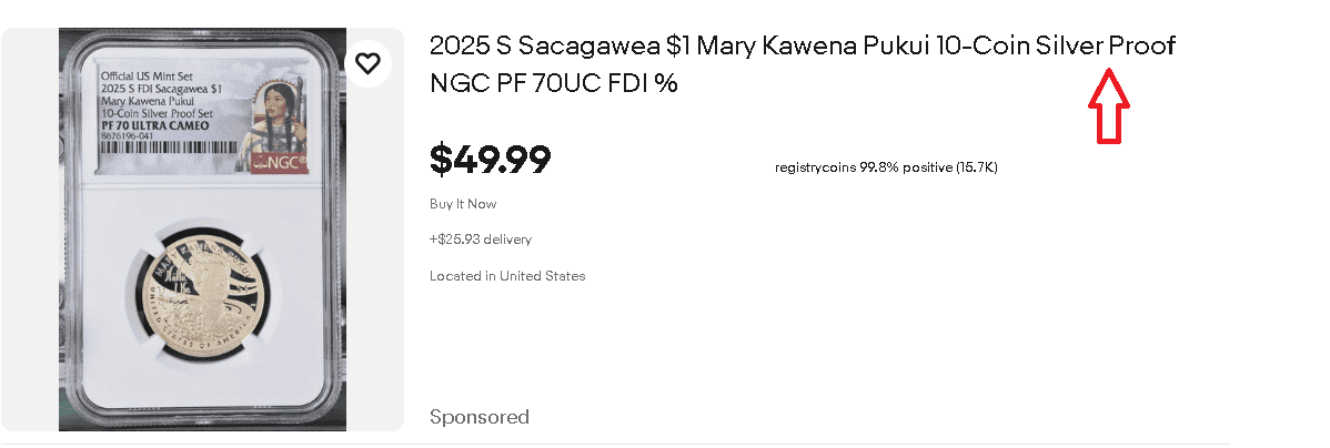 Silver Sacagawea proof coin sold on eBay