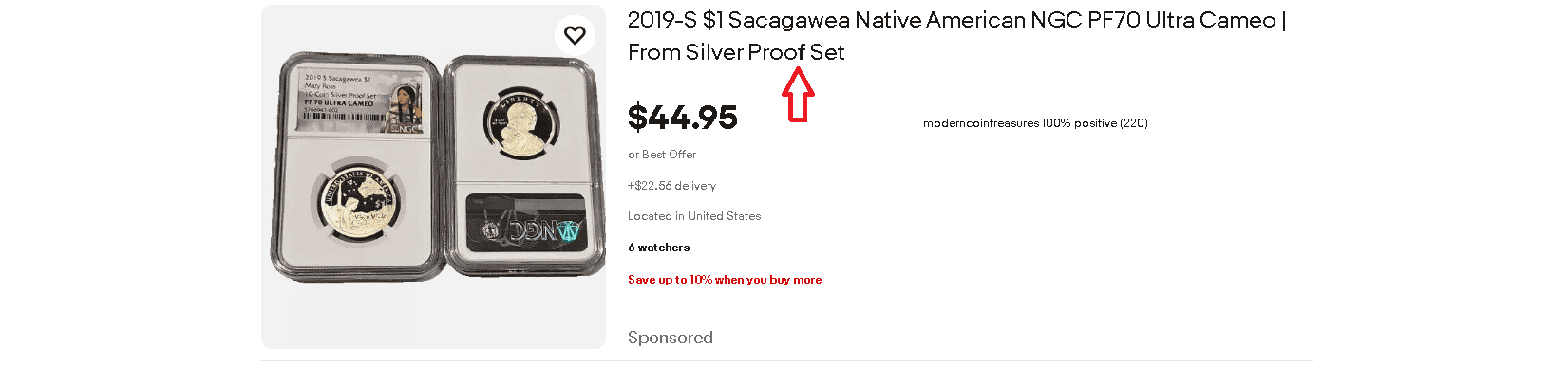 Silver Sacagawea proof coin sold on eBay