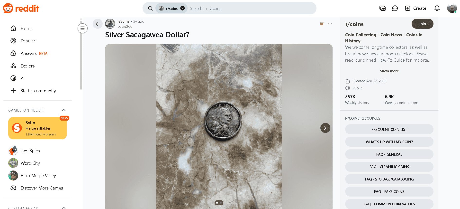 Regular Sacagawea Dollar coin tarnished so much it looks like it's made of silver.